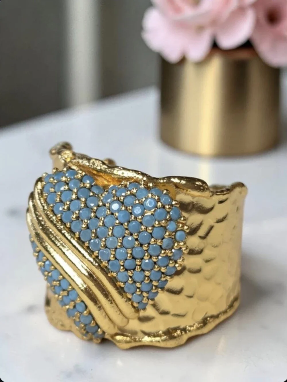24k Gold Plated Chunky Hammered Turquoise Heart Crystal Wide Band Ring
